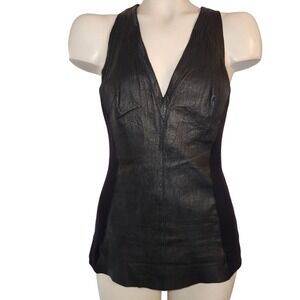 Illia Black Genuine Leather Front Ribbed Racerback Tank Top V-Neck Made in USA